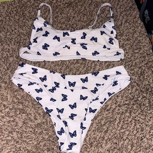 White Bikini with Blue Butterfly Print Top & Bottom